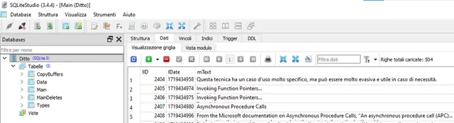 Ditto's clipboard history (Main table) opened in SQLiteStudio